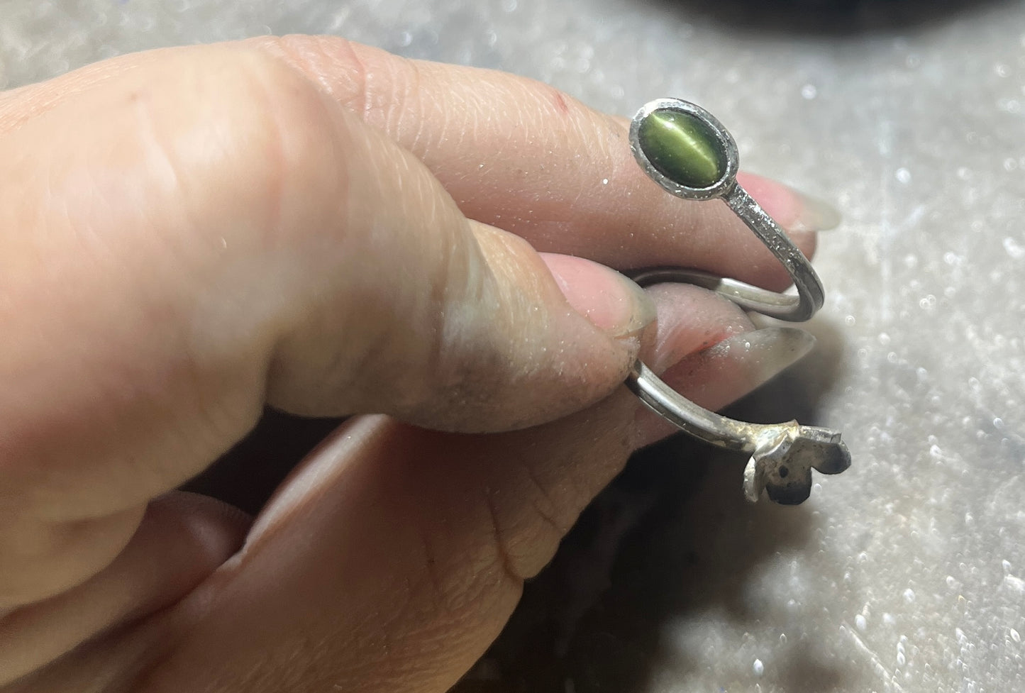 Sterling Silver Cat’s Eye Green Quartz Adjustable Flower Ring Size 7