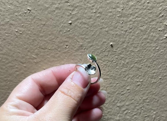 Sterling Silver Cat’s Eye Green Quartz Adjustable Flower Ring Size 7