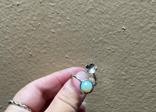 Sterling Silver Opal Cabochon Flower Adjustable Ring Size 7
